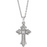 14K White .08 CTW Natural Diamond Vintage-Inspired Cross 16-18' Necklace