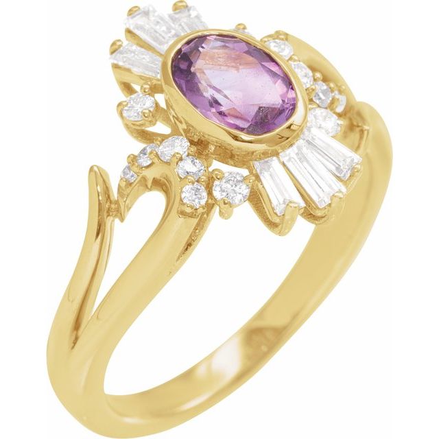14K Yellow Natural Amethyst & 1/2 CTW Natural Diamond Halo-Style Ring