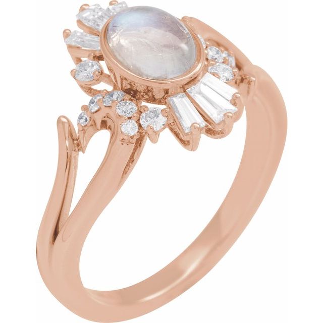 14K Rose Natural Rainbow Moonstone & 1/2 CTW Natural Diamond Halo-Style Ring