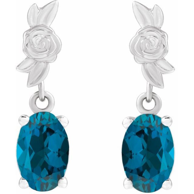 14K White 8x6 mm Natural London Blue Topaz Floral Earrings