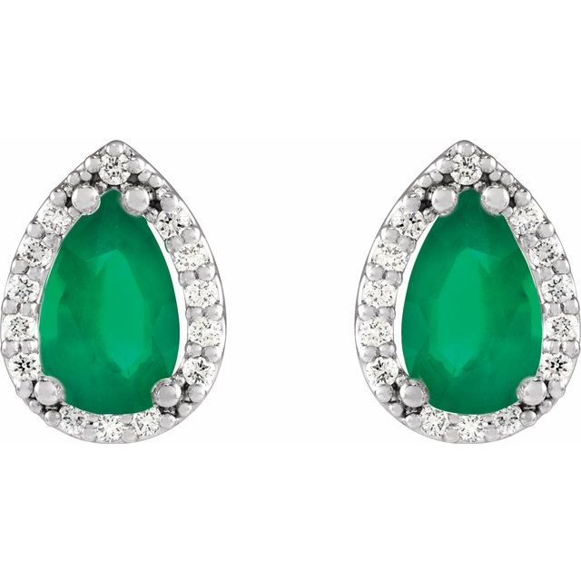 14K White Lab-Grown Emerald & 1/10 CTW Natural Diamond Halo-Style Earrings