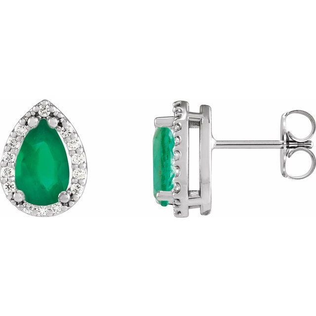 14K White Lab-Grown Emerald & 1/10 CTW Natural Diamond Halo-Style Earrings