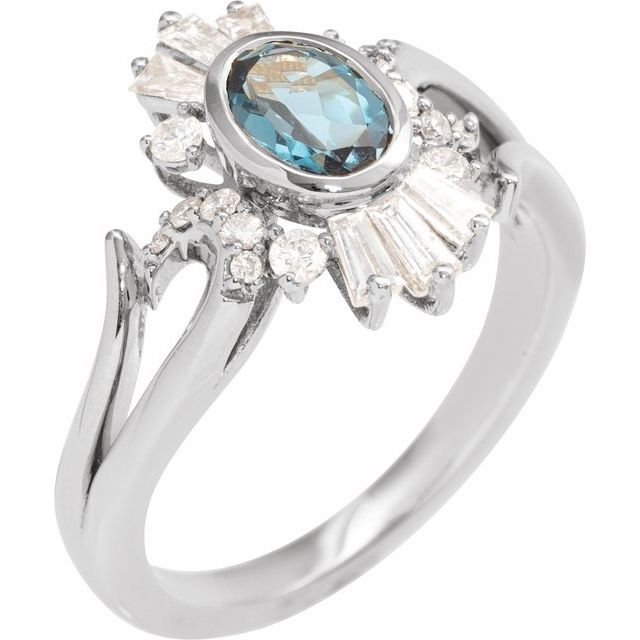 14K White Natural London Blue Topaz & 1/2 CTW Natural Diamond Halo-Style Ring