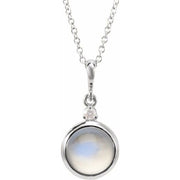 14K White 8 mm Natural Rainbow Moonstone & .03 CT Natural Diamond Cabochon 16-18' Necklace
