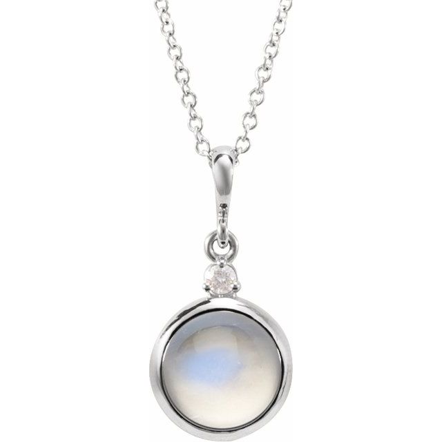 14K White 8 mm Natural Rainbow Moonstone & .03 CT Natural Diamond Cabochon 16-18' Necklace