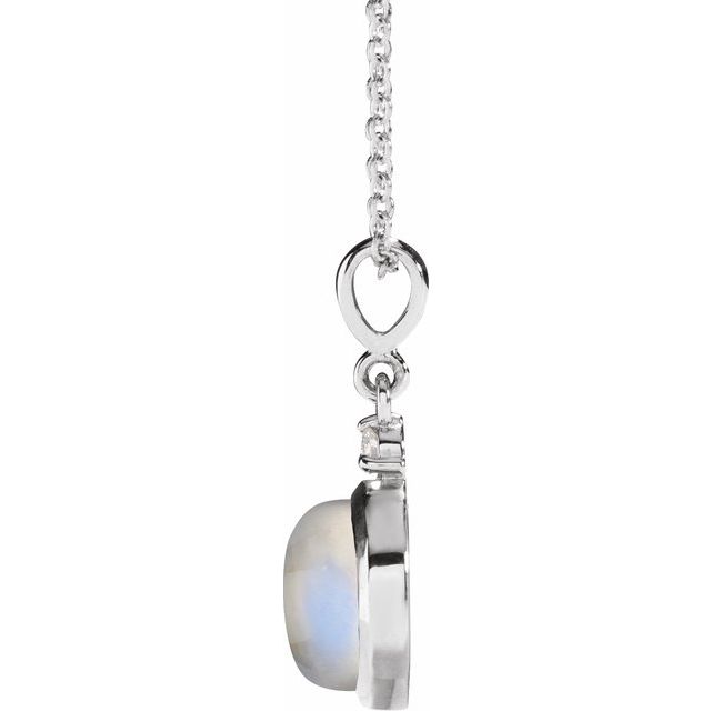 14K White 8 mm Natural Rainbow Moonstone & .03 CT Natural Diamond Cabochon 16-18' Necklace