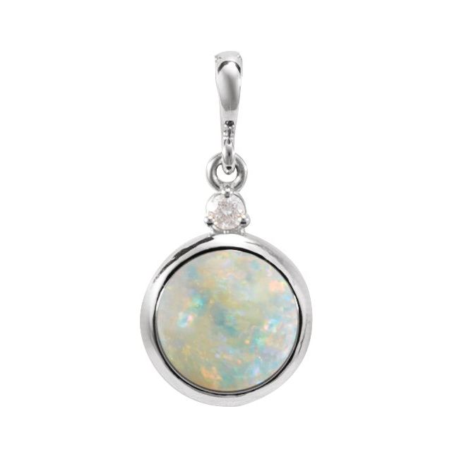 14K White 8 mm Natural White Opal & .03 CT Natural Diamond Pendant