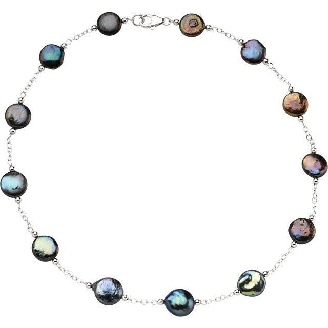 Sterling Silver 12-13 mm Cultured Black Freshwater Pearl Coin 18' Necklace
