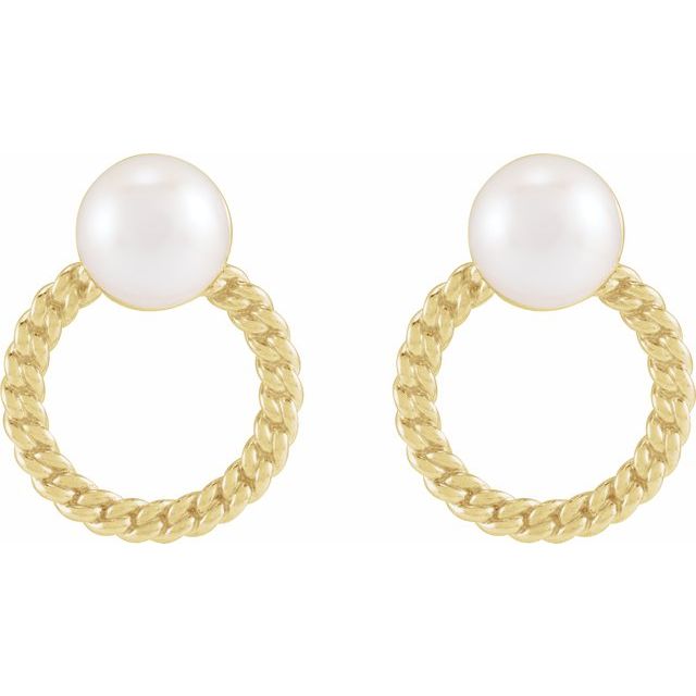 14K Yellow Cultured White Akoya Pearl & Curb Chain Earrings