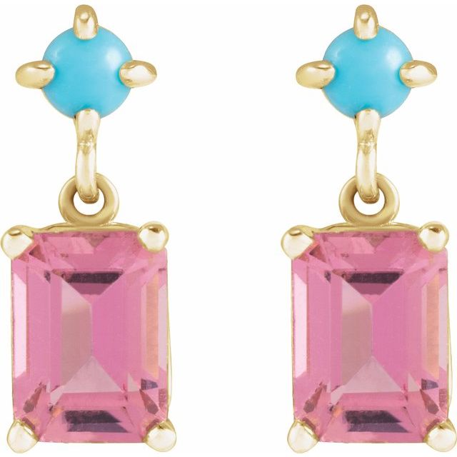 14K Yellow Natural Pink Tourmaline & Natural Turquoise Earrings