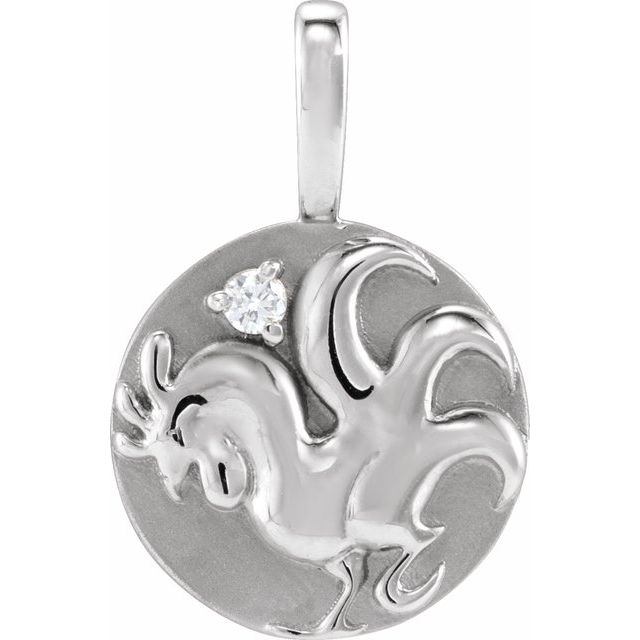 14K White .015 CT Natural Diamond Chinese Zodiac Rooster Pendant