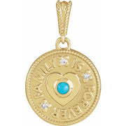14K Yellow Cabochon Natural Turquoise & .02 CTW Natural Diamond Family is Forever Pendant