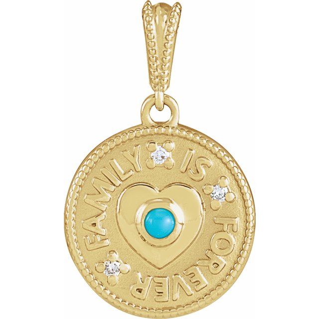 14K Yellow Cabochon Natural Turquoise & .02 CTW Natural Diamond Family is Forever Pendant