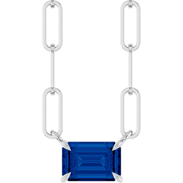 14K White 6x4 mm Lab-Grown Blue Sapphire Solitaire 18' Necklace