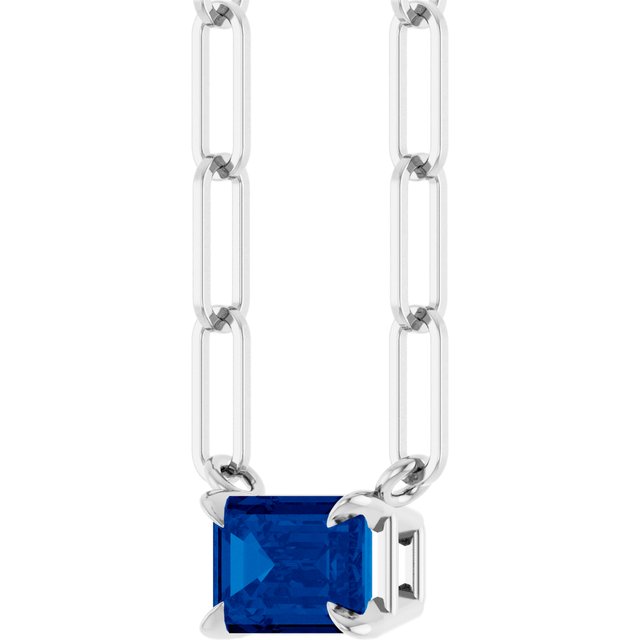 14K White 6x4 mm Lab-Grown Blue Sapphire Solitaire 18' Necklace