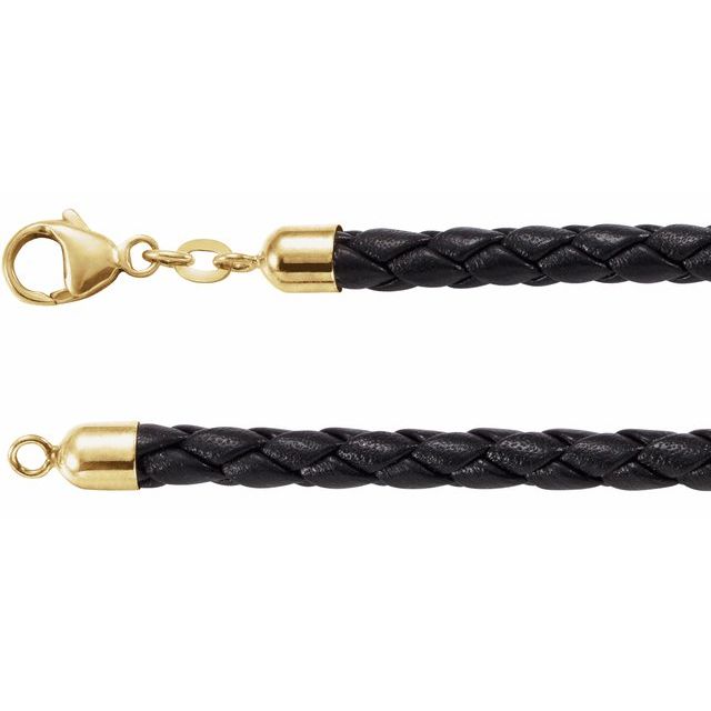 Black 5 Mm Braided Leather 20' Cord With 14k Yellow Lobster Clasp