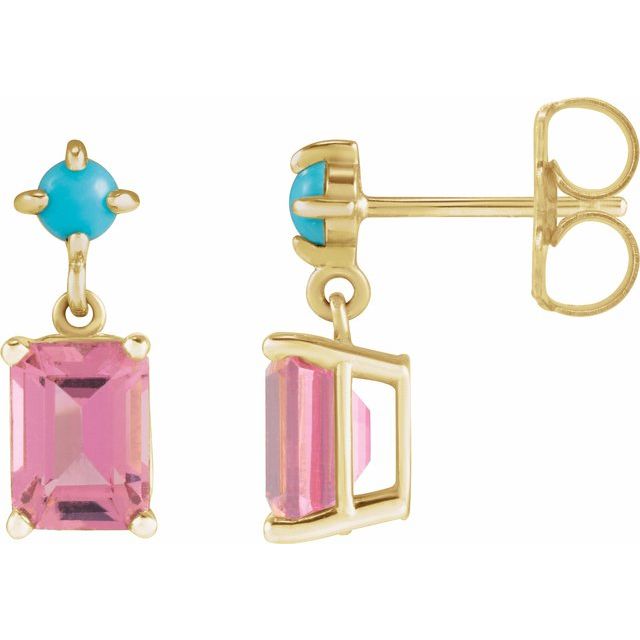 14K Yellow Natural Pink Tourmaline & Natural Turquoise Earrings