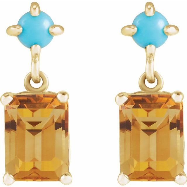 14K Yellow Natural Citrine & Natural Turquoise  Earrings