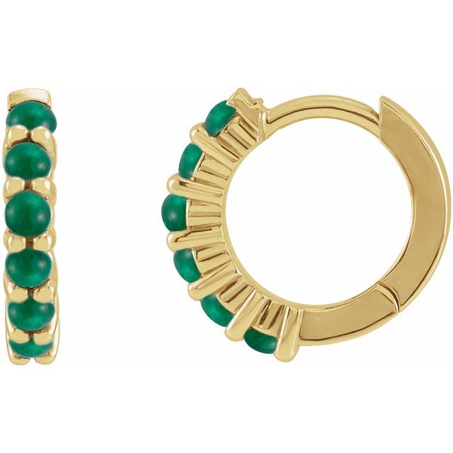 14K Yellow Natural Emerald Cabochon 12.2 mm Huggie Hoop Earrings