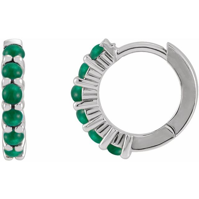 Sterling Silver Natural Emerald Cabochon 12.2 mm Huggie Hoop Earrings