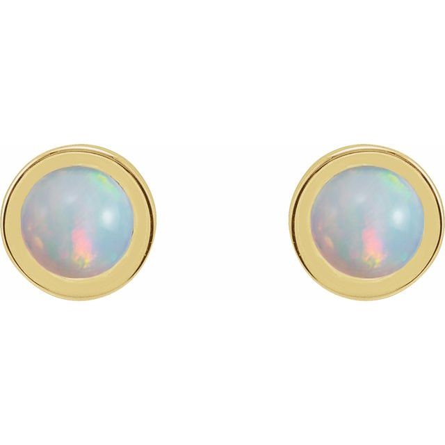 14K Yellow Cabochon Natural White Opal Bezel-Set Solitaire Earrings