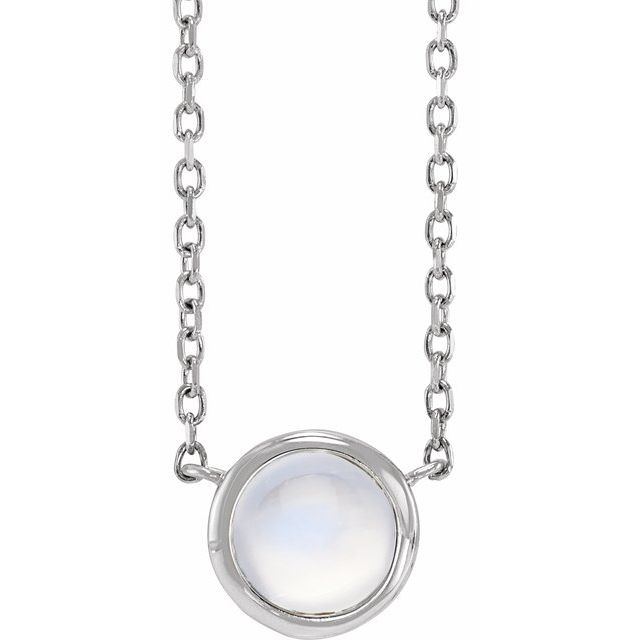 14K White Cabochon Natural Rainbow Moonstone Bezel-Set 18' Necklace