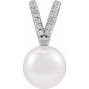 14K White Cultured White Akoya Pearl & .05 CTW Natural Diamond Pendant