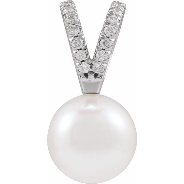 14K White Cultured White Akoya Pearl & .05 CTW Natural Diamond Pendant