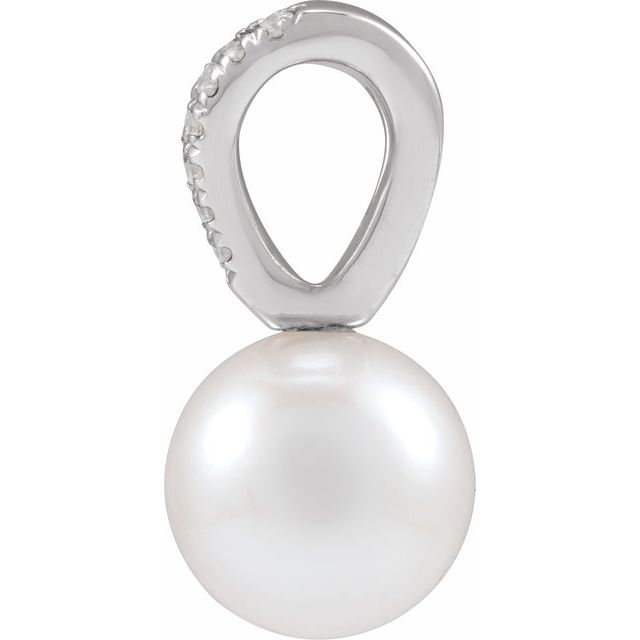 14K White Cultured White Akoya Pearl & .05 CTW Natural Diamond Pendant
