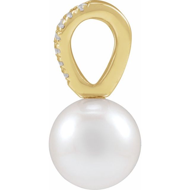 14K Yellow Cultured White Akoya Pearl & .05 CTW Natural Diamond Pendant