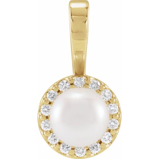 14K Yellow Cultured White Akoya Pearl  & 1/10 CTW Natural Diamond Pendant
