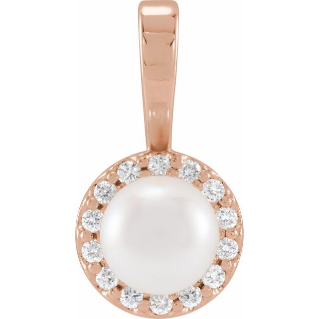 14K Rose Cultured White Akoya Pearl  & 1/10 CTW Natural Diamond Pendant