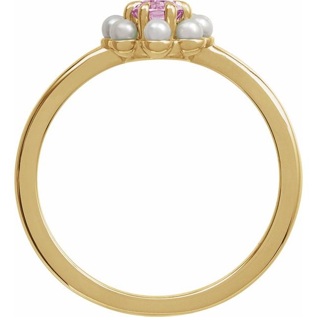 14K Yellow Natural Pink Tourmaline & Cultured White Seed Pearl Halo-Style Ring
