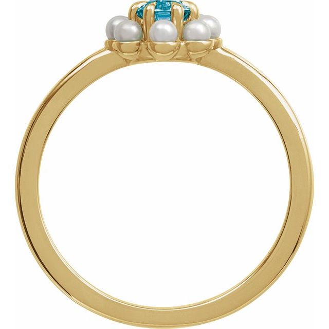 14k Yellow Natural London Blue Topaz & Cultured White Seed Pearl Halo-style Ring