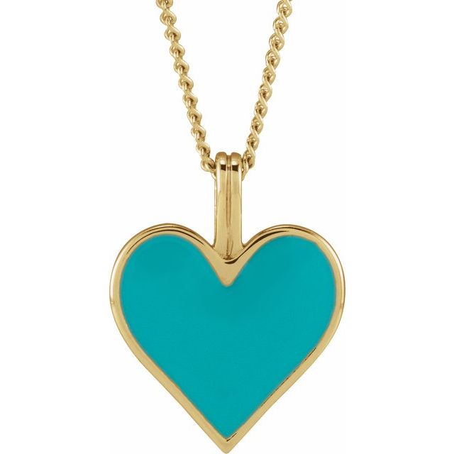 14K Yellow Light Turquoise Enamel Heart 18' Necklace
