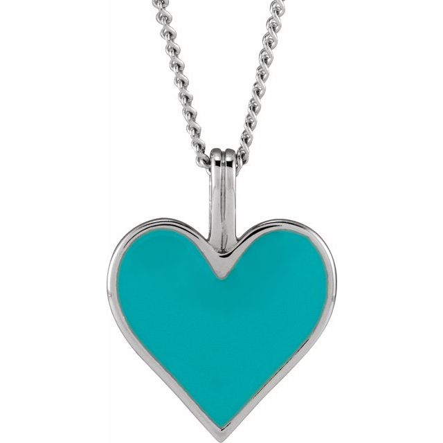 Sterling Silver Light Turquoise Enamel Heart 18' Necklace