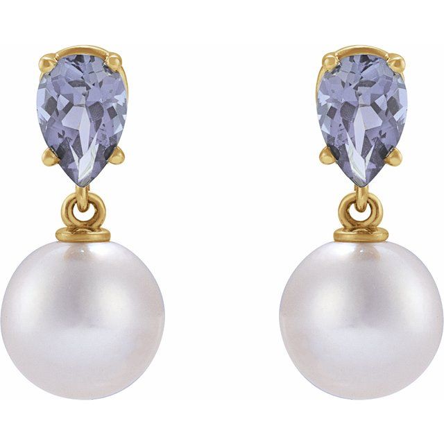 14K Yellow Cultured White Akoya Pearl & Natural Tanzanite Earrings