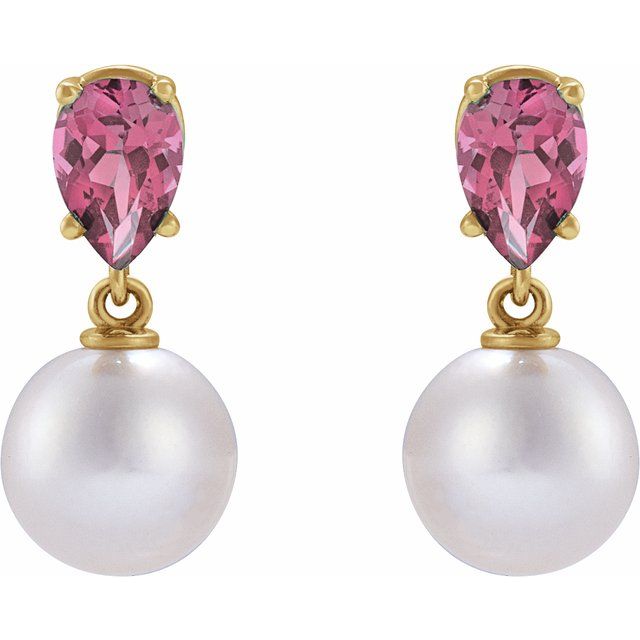 14K Yellow Cultured White Akoya Pearl & Natural Pink Tourmaline Earrings