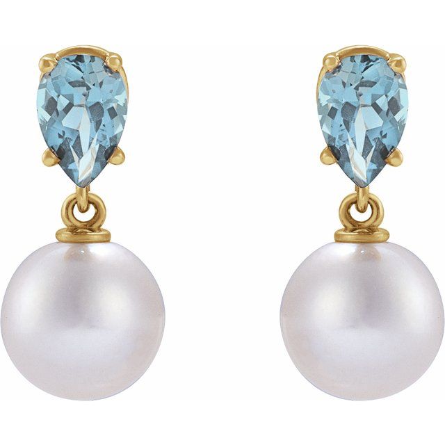 14K Yellow Cultured White Akoya Pearl & Natural Aquamarine Earrings