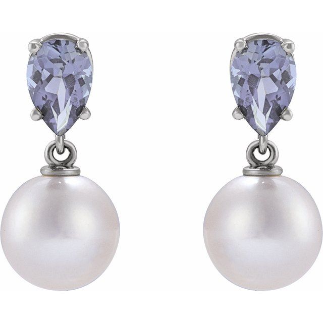 14K White Cultured White Akoya Pearl & Natural Tanzanite Earrings