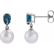 14k White Cultured White Akoya Pearl & Natural London Blue Topaz Earrings