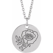 Sterling Silver Poppy August Birth Flower 16-18' Necklace