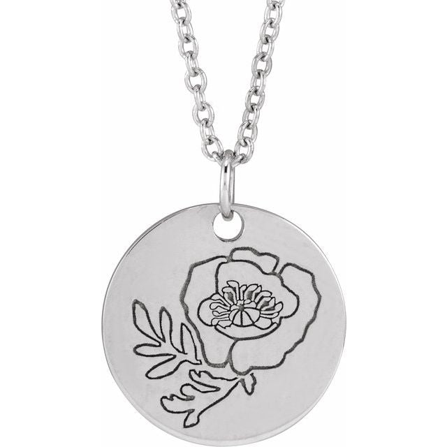 Sterling Silver Poppy August Birth Flower 16-18' Necklace
