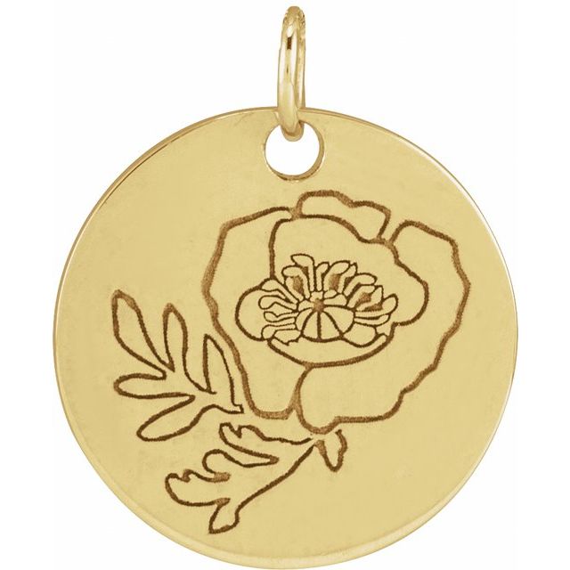 14K Yellow Poppy August Birth Flower Pendant