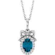 14K White Natural London Blue Topaz & .08 CTW Natural Diamond Bow 16-18' Necklace