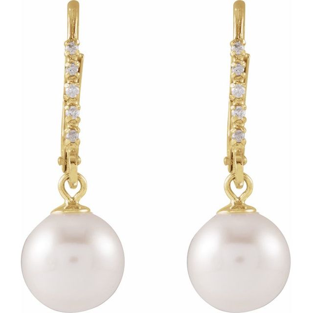 14K Yellow Cultured White Freshwater Pearl & .05 CTW Natural Diamond Lever Back Earrings