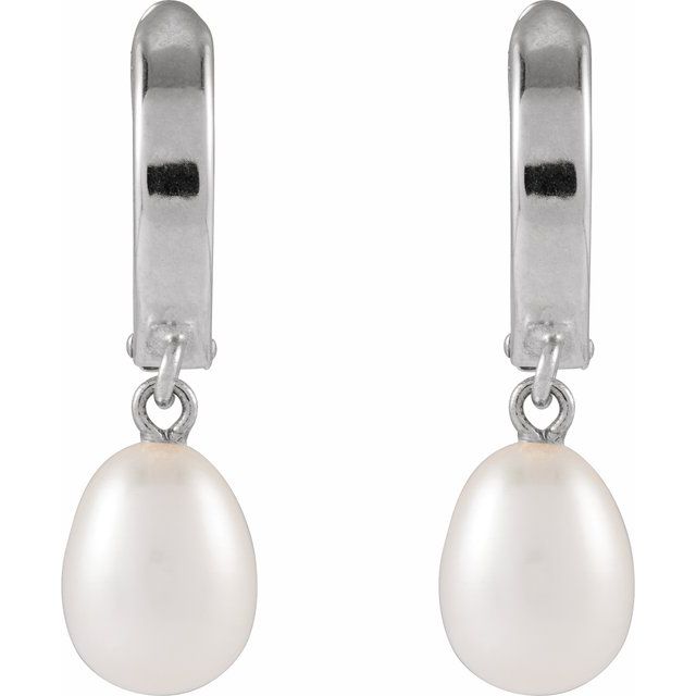 14K White Cultured White Freshwater Pearl Hoop Earrings