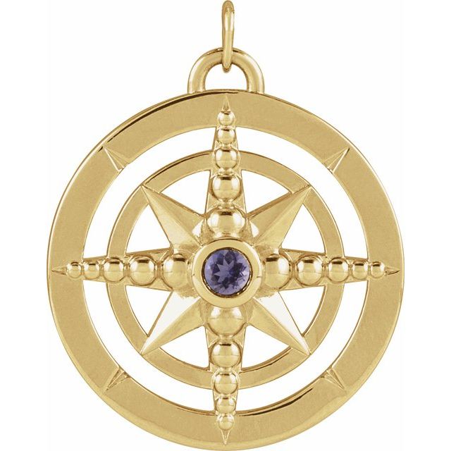 14K Yellow Natural Iolite Compass Pendant