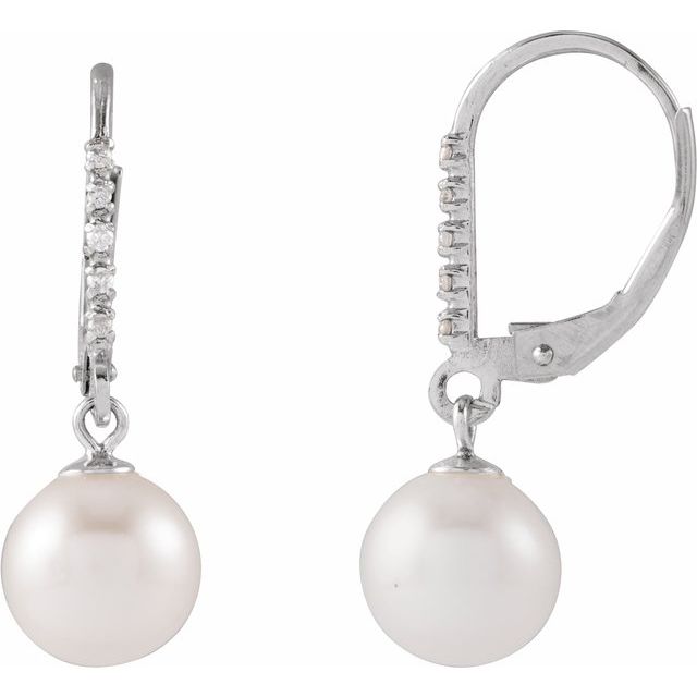 14K White Cultured White Freshwater Pearl & .05 CTW Natural Diamond Lever Back Earrings
