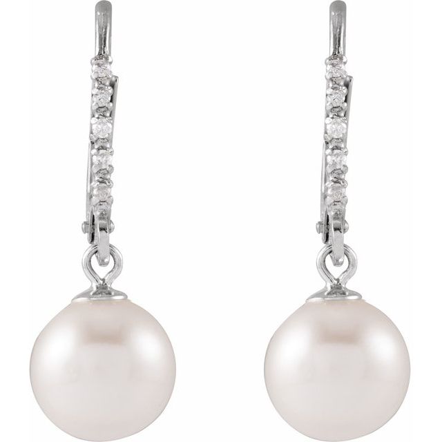 14K White Cultured White Freshwater Pearl & .05 CTW Natural Diamond Lever Back Earrings